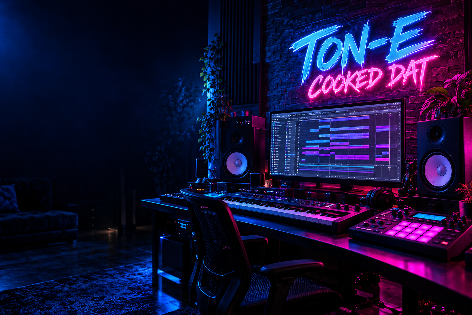 Neon-lit music production studio